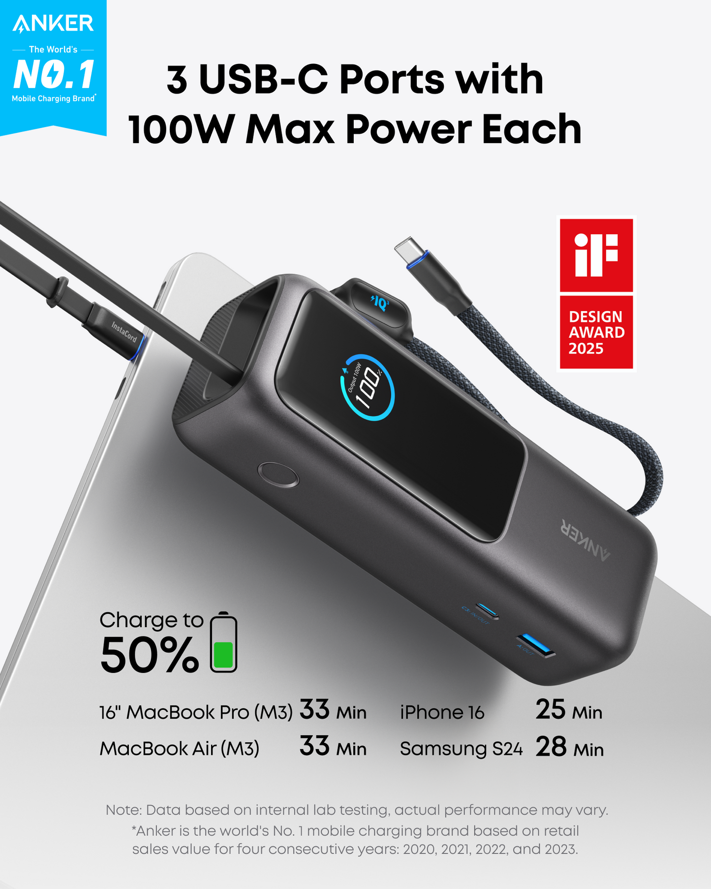 Anker Laptop Power Bank (25K, 165W, Built-In Retractable Cable)