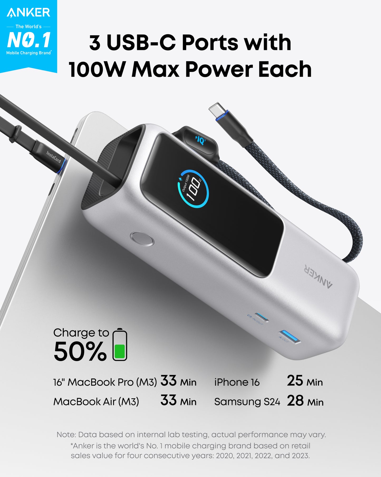 Anker Laptop Power Bank (25K, 165W, Built-In Retractable Cable)