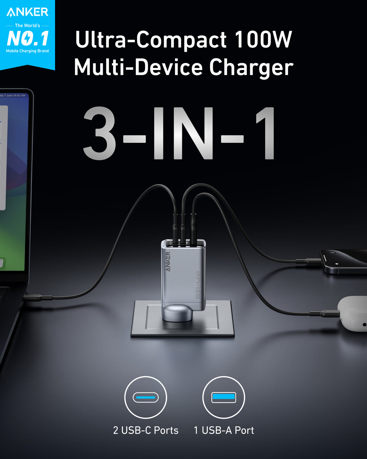 Anker Prime Charger (100W, 3 Ports, GaN) and Anker 765 USB-C to USB-C Cable (140W Nylon,183cm)