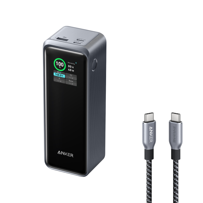 Anker Prime Power Bank 27,650mAh (250W, 3-Port, App Control & Smart Display) and Anker Prime USB-C to USB-C Cable (240W, Upcycled-Braided, 182cm)