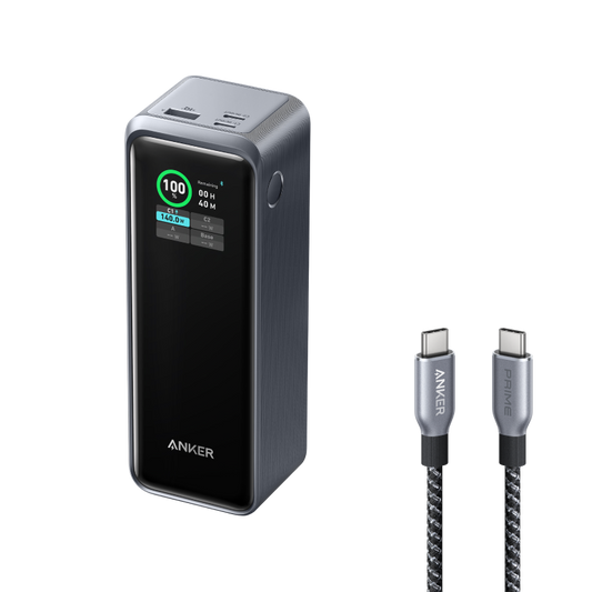 Anker Prime Power Bank 27,650mAh (250W, 3-Port, App Control & Smart Display) and Anker Prime USB-C to USB-C Cable (240W, Upcycled-Braided, 182cm)
