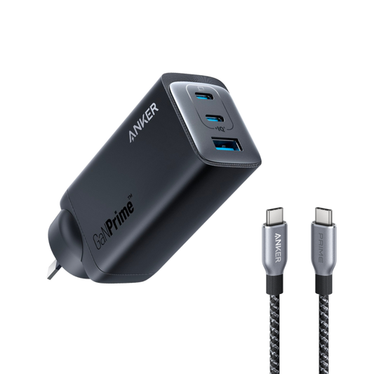 Anker 737 Prime Charger (GaN, 120W, 3-Port) and Anker Prime USB-C to USB-C Cable (240W, Upcycled-Braided, 182cm)
