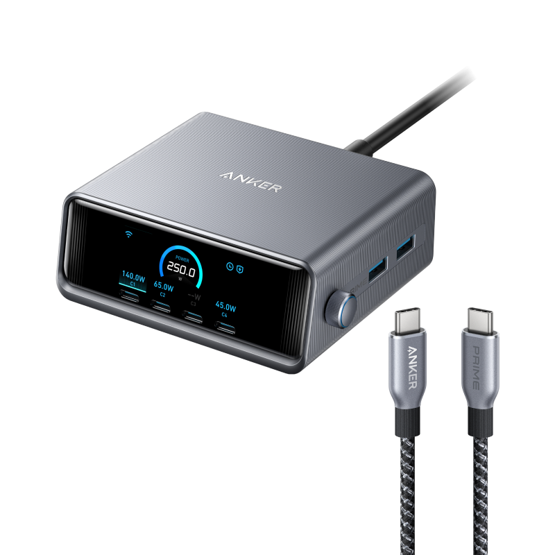 Anker Prime Charger (250W, 6 Ports, GaNPrime) and Prime USB-C to USB-C Cable (240W, Upcycled-Braided, 182cm)