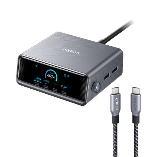 Anker Prime Charger (250W, 6 Ports, GaNPrime) and Prime USB-C to USB-C Cable (240W, Upcycled-Braided, 182cm)