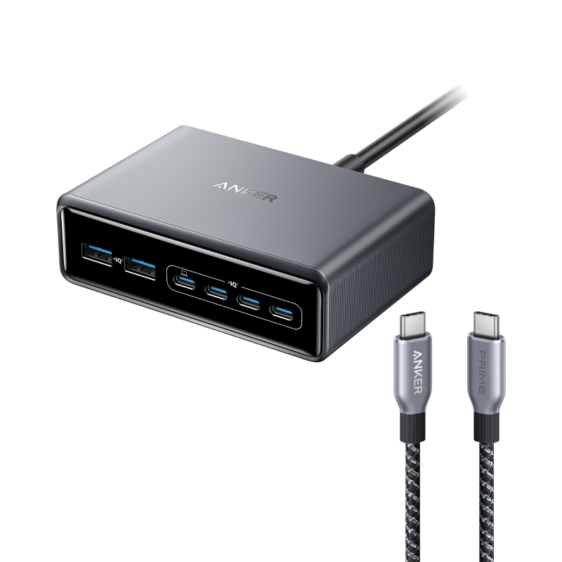 Anker Prime Charger (200W, 6-Port, GaN) and Prime USB-C to USB-C Cable (240W, Upcycled-Braided, 182cm)