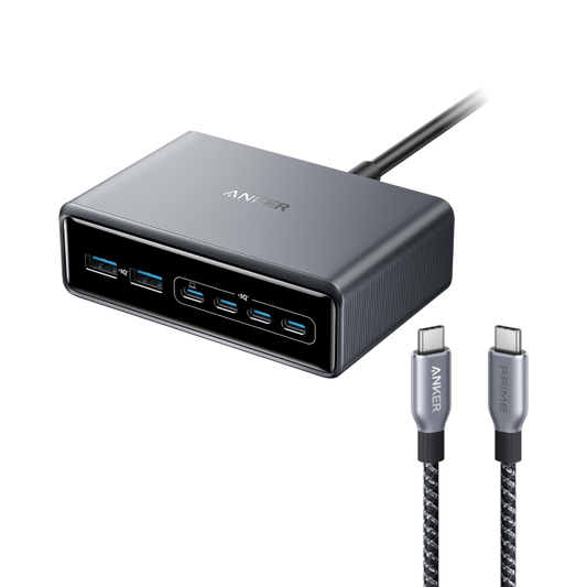 Anker Prime Charger (200W, 6-Port, GaN) and Prime USB-C to USB-C Cable (240W, Upcycled-Braided, 182cm)