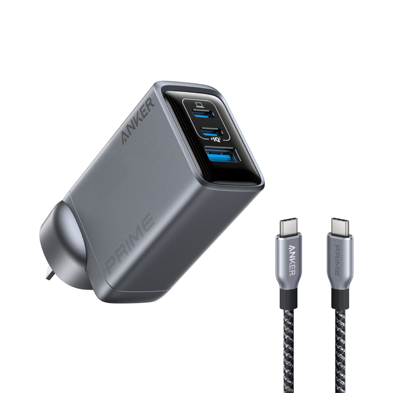 Anker Prime Charger (100W, 3 Ports, GaN) and Prime USB-C to USB-C Cable (240W, Upcycled-Braided, 182cm)