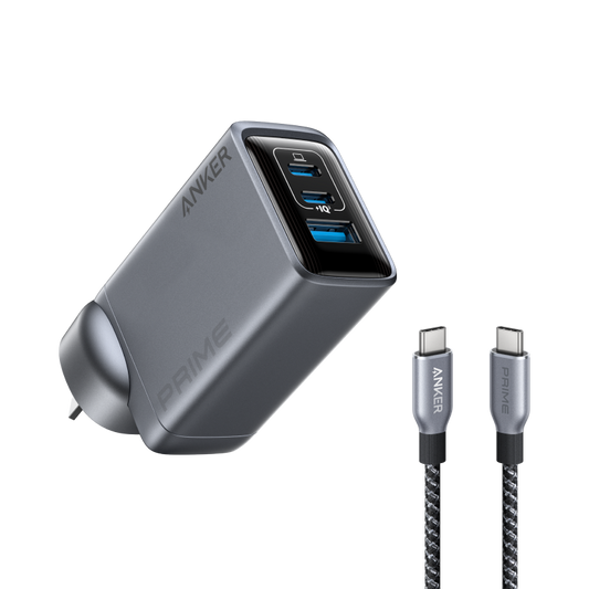 Anker Prime Charger (100W, 3 Ports, GaN) and Prime USB-C to USB-C Cable (240W, Upcycled-Braided, 182cm)