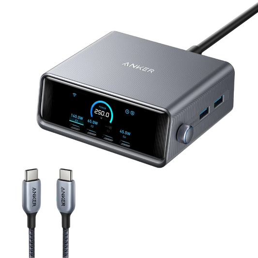 Anker Prime Charger (250W, 6 Ports, GaNPrime) and Anker 765 USB-C to USB-C Cable (140W Nylon,182 cm)