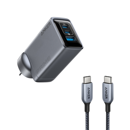 Anker Prime Charger (100W, 3 Ports, GaN) and Anker 765 USB-C to USB-C Cable (140W Nylon,183cm)