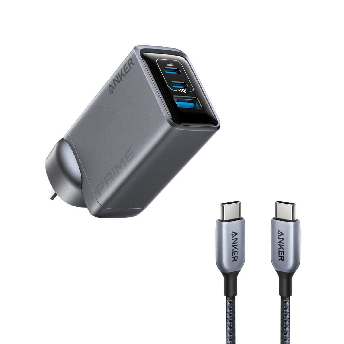 Anker Prime Charger (100W, 3 Ports, GaN) and Anker 765 USB-C to USB-C Cable (140W Nylon,183cm)