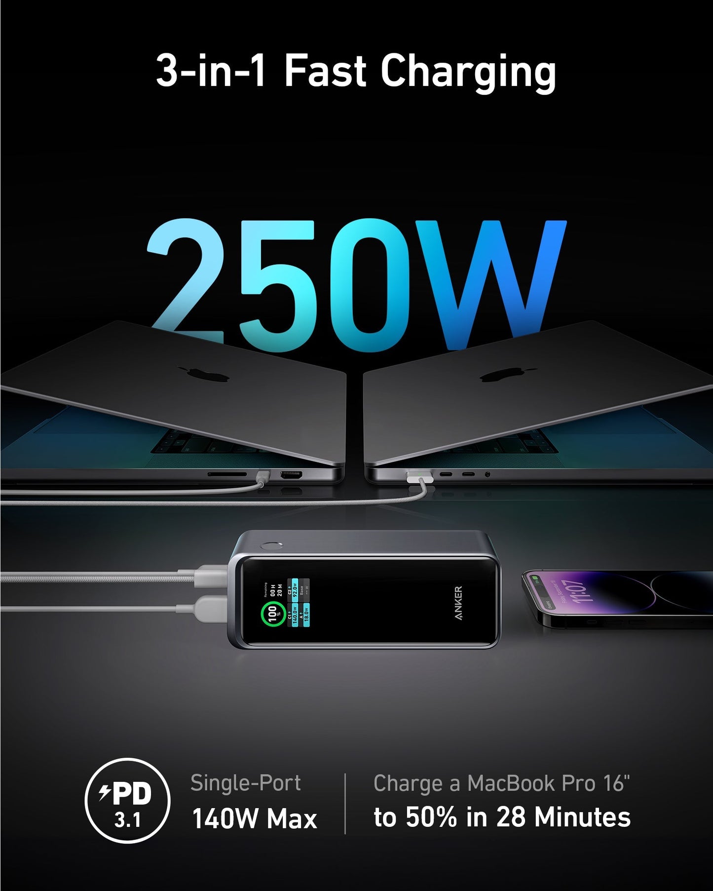 Anker Prime Power Bank 27,650mAh (250W, 3-Port, App Control & Smart Display)
